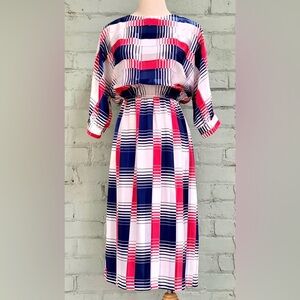 Vintage Plaid Midi Dress- Red, Navy Blue and White
